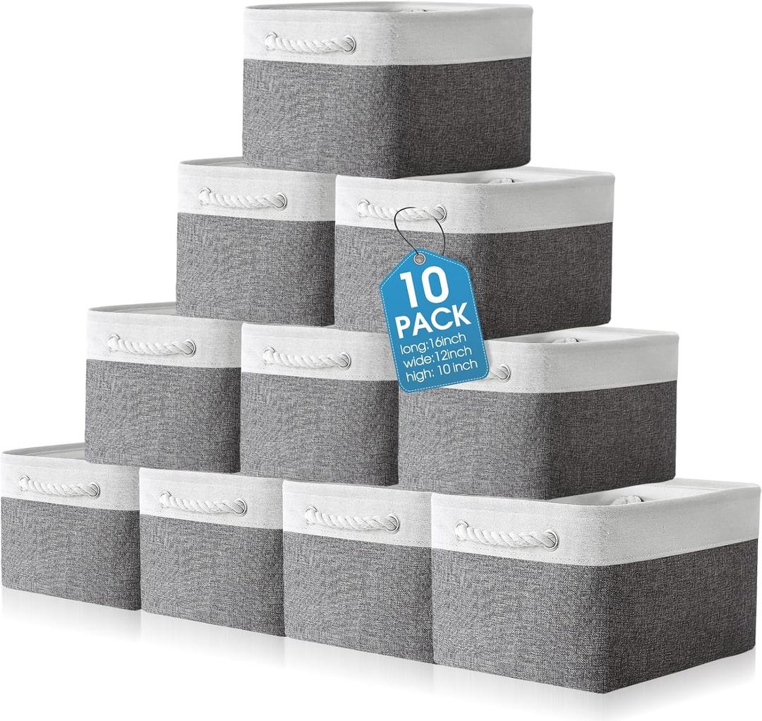 FoldTier 10 Pack Large Collapsible Fabric Storage Baskets with Handles Decorative Storage Bins for Organizing Shelves Toys Clothes(White & Gray,16 x 12 x 10 Inches)