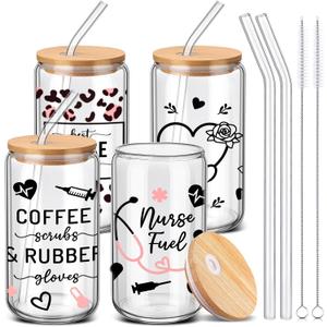 SiliFine 4 Pcs Cna Week Gifts Bulk 16 oz Nurse Glass Cups with Lid and Straw Xmas Drinking Can Shape Coffee Glass Tumbler Cup for Cna Week Rn Nursing Appreciation Party Favor Gifts