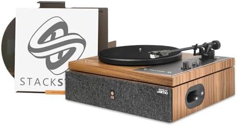 Stack Stone Hi-Fi Vinyl Record Player with Speakers, All in One Vintage Belt Drive Wooden Turntable for High Fidelity Sound by Jamo, Magnetic Cartridge, Ti Amplifiers, Bluetooth, Anti-Skate, Auto Off