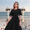 Bbonlinedress Women Midi Vintage Cocktail Party Tea Dress Short Sleeve Formal Wedding Guest Church Modest Dress (Black, L)