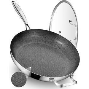 Bzayeat 13-Inch Nonstick Hybrid Frying Pan with Lid, Ceramic Coated Tri-Ply Stainless Steel Induction Chef's Pan, Large Skillet, PFOA Free, Oven & Dishwasher Safe for All Stoves, Detachable Handle