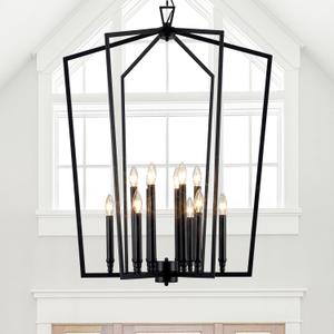 Vezzio Modern Large Black Lantern Foyer Entryway Chandelier | D30 Inch Modern Industrial 12-Light Pendant Light for High Ceiling, Dining Room, Kitchen Island, Hallway, Staircase