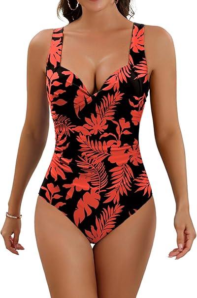 Eomenie Women's One Piece Swimsuit Tummy Control Slimming Push Up Bra Bathing Suits Wrap Twist 1 Piece Swimwear Black/Red L
