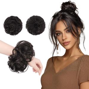 FESHFEN 2PCs Small Messy Bun Hair Piece for Thin Hair Women Girl Mini Synthetic Elastic Wavy Space-bun Scrunchies Updo Hairpieces, Brown Black