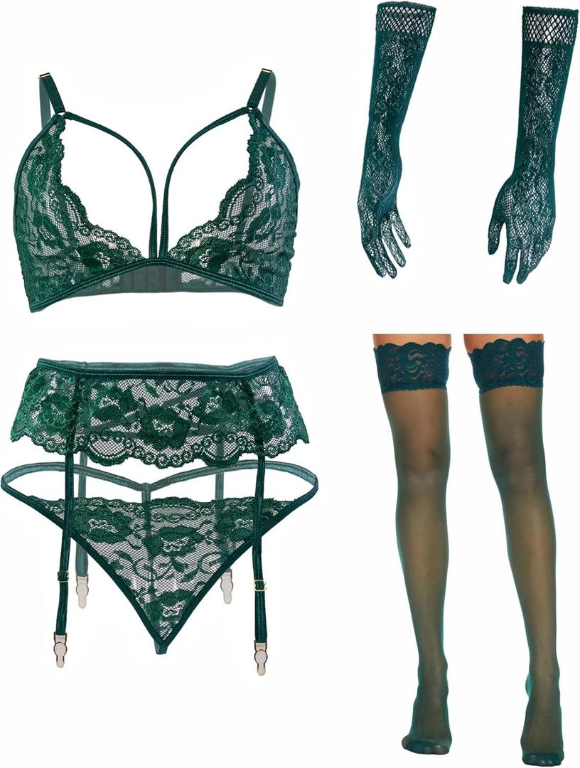 Women Lingerie with Stockings and Gloves or Eye-mask,Garter Belt Lingerie Set (Large, Green)