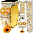 Sunflower Heart Pink Band With Charms Compatible Apple Watch Engraved Women 41mm 40mm 38mm 44mm 45mm 46mm 42mm 49mm,Valentine Floral Dressy Bling Silicone Strap for iphone Watch Series 11 10 9 8 7 6 5 4 Ultra SE 3 2 1