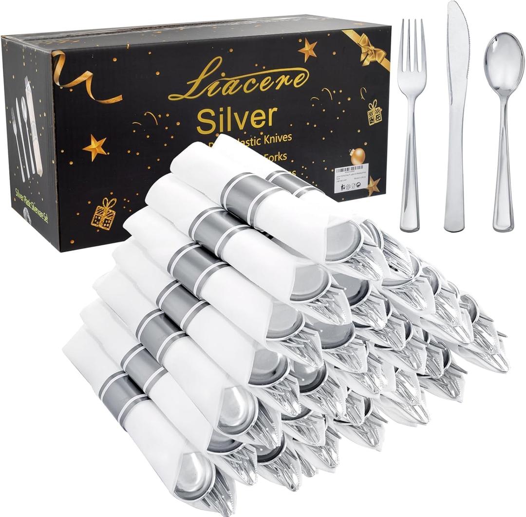 Liacere 100 Pack Silver Plastic Silverware-Pre Wrapped cutlery and Napkin-Pre Rolled Silverware Disposable 100 Forks, 100 Knives 100 Spoons, 100 Napkins Plastic UtensilsWedding