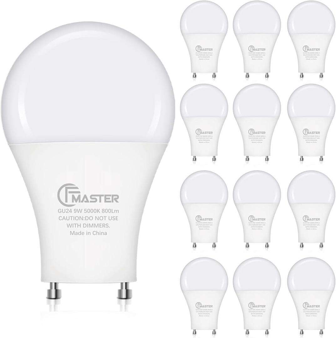GU24 LED Light Bulb, 5000K Daylight, 9W(100W Equivalent), 800 Lumens, A19 Shape GU 24 LED Bulbs, Twist and Lock GU24 Pin Base with Two Prongs, Non-Dimmable, UL ETL Certificated(12-Pack)