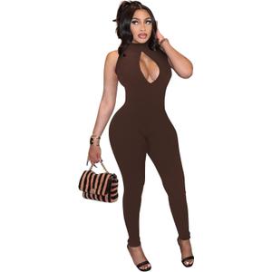 Hafailia Womens Sexy Sleeveless One Piece Jumpsuits Cutout Bodycon High Waisted Club Outfits Catsuits (Brown, L)