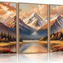 FWIEXA Natural Mountain Framed Canvas Wall Art Set, Pine Tree Forest Modern Wall Decor, Pretty Grassland River Artwork, Woodland Landscape Scenery Prints for Living Room, Office - Size 16"x24"x3