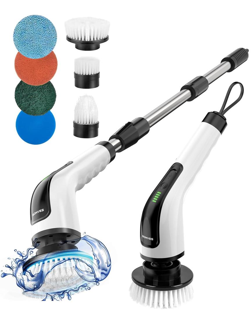 Bomves Electric Spin Scrubber, Cordless Cleaning Brush Scrubber for Home, 8 Replaceable Brush Heads-90Mins Work Time, 3 Adjustable Size, 2 Speeds for Bathroom Shower Bathtub Glass Car (White)