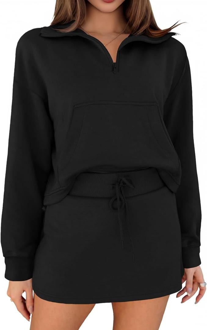 Fisoew Womens Sweatsuits 2 Piece Outfits Quarter Zip Cropped Sweatshirts Casual Mini Skorts Lounge Wear Skirts Sets (Medium, Black)
