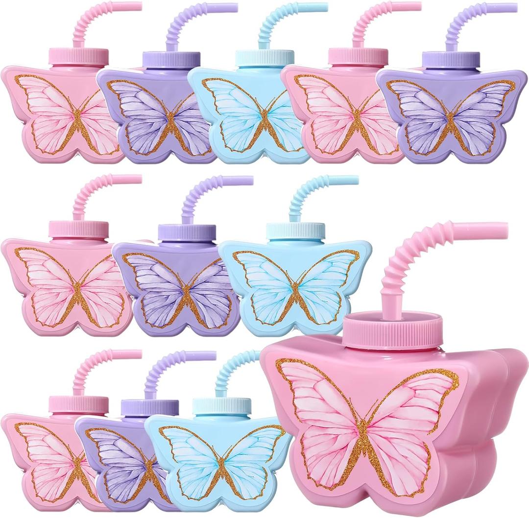 Mifoci 12 Pcs Butterfly Shape Cups Bulk, 10 oz Plastic Butterfly Themed Drinking Cups Pink and Purple Tea Party Supplies Fairy Birthday Party Decoration for Girls Wedding Baby Shower Favor