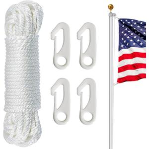 NQ Flag Pole Rope Kit - 50 Feet x 1/4" Diameter, Flagpole Nylon Halyard with 4 Pieces Nylon Hook Clips - Outdoor Flagpole Accessories, Rope for Clothesline, Swing, Camping (White)