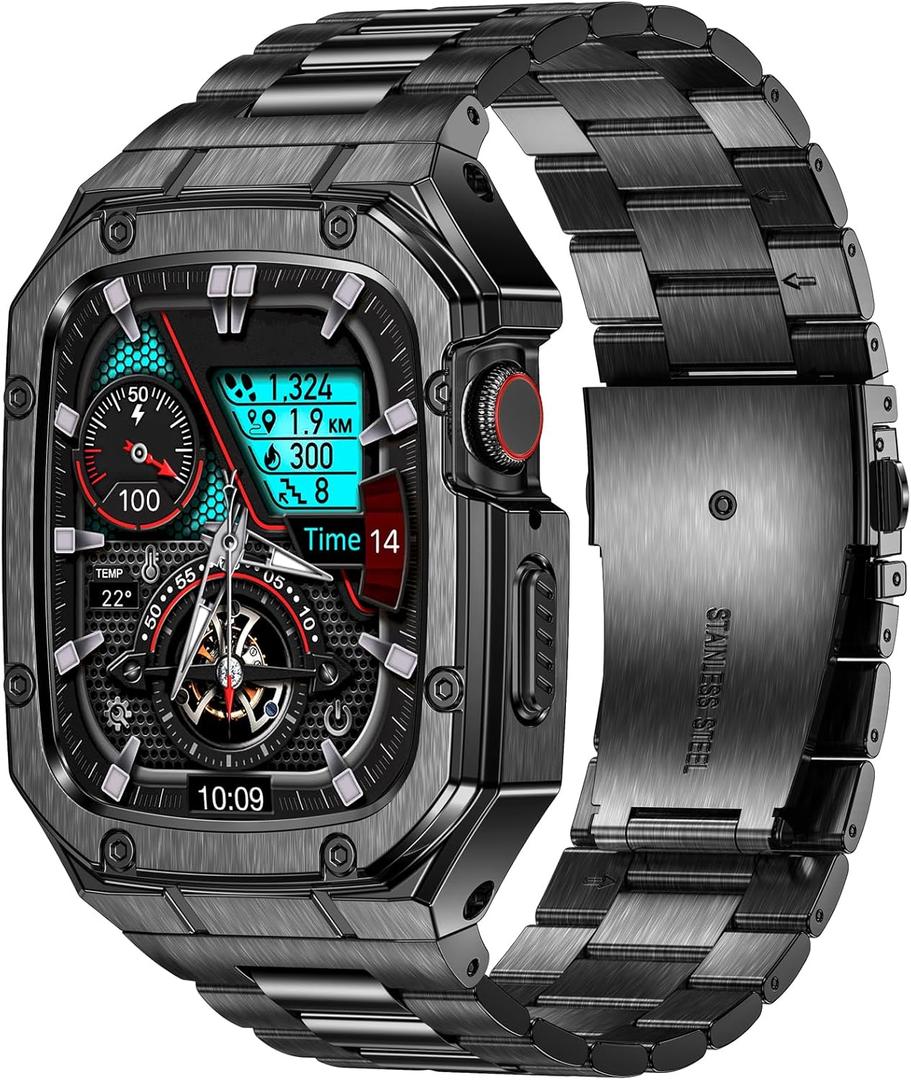 BAITEYOU Stainless Steel Watch Band with Case Compatible with Apple Watch Series SE 3 2 1/6 5 4 (40mm) Series 9 8 7 3 2 1 (41mm 38mm), Metal Protective Bumper Cover for iWatch Bands Men (Black)