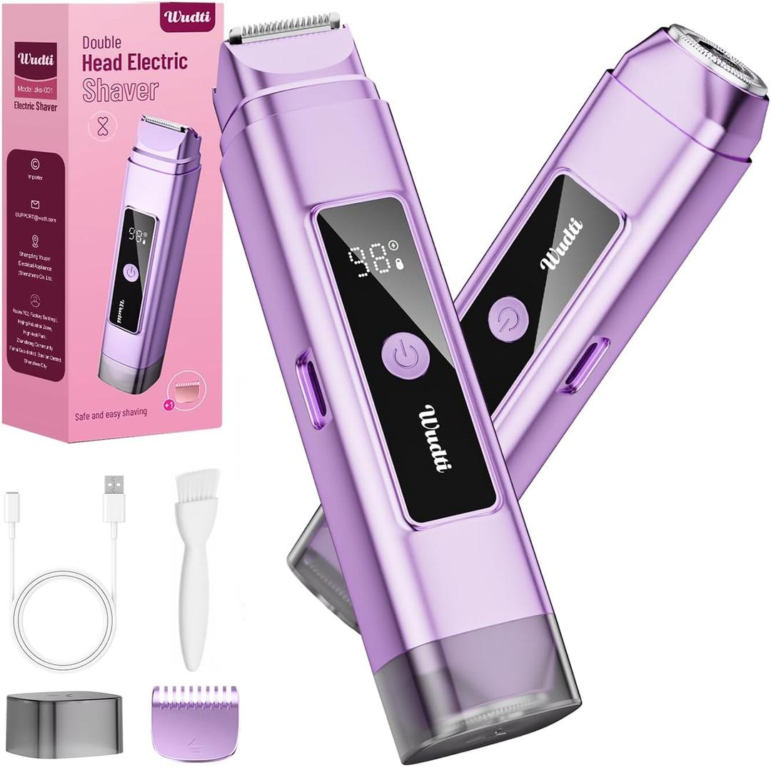Electric Bikini Trimmer for Women: Razor & Shaver with Dual Heads for Body Pubic Hair, IPX7 Waterproof with LED Display - Rechargeable Lady Trimmer for Underarm Body Leg Face - Violet