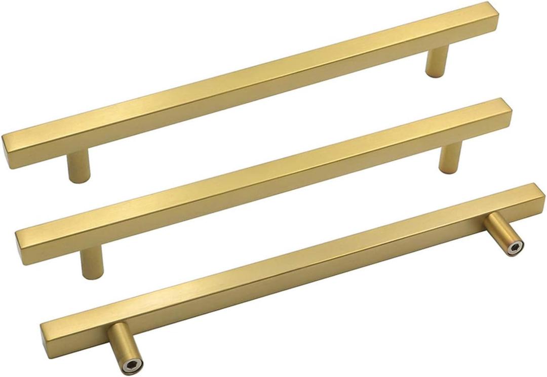 Goldenwarm Brushed Brass Cabinet Pulls Kitchen Hardware Drawer Pulls 7-1/2 Inch Hole Centers - LS1212GD192 Square T Bar Gold Handles Dresser Cupboard Door Handles Stainless Steel 20 Pack