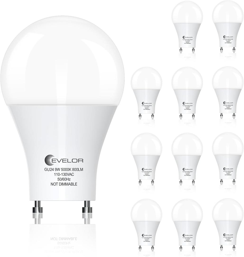 evelor GU24 LED Light Bulb,60 Watt Equivalent Daylight White 5000K,Non-Dimmable,Efficient 9W,800 Lumens Twist and Lock 2 Prong Light Bulbs,15000 Hours,Ideal for Kitchen,Living Room,Bedroom, 12-Packs