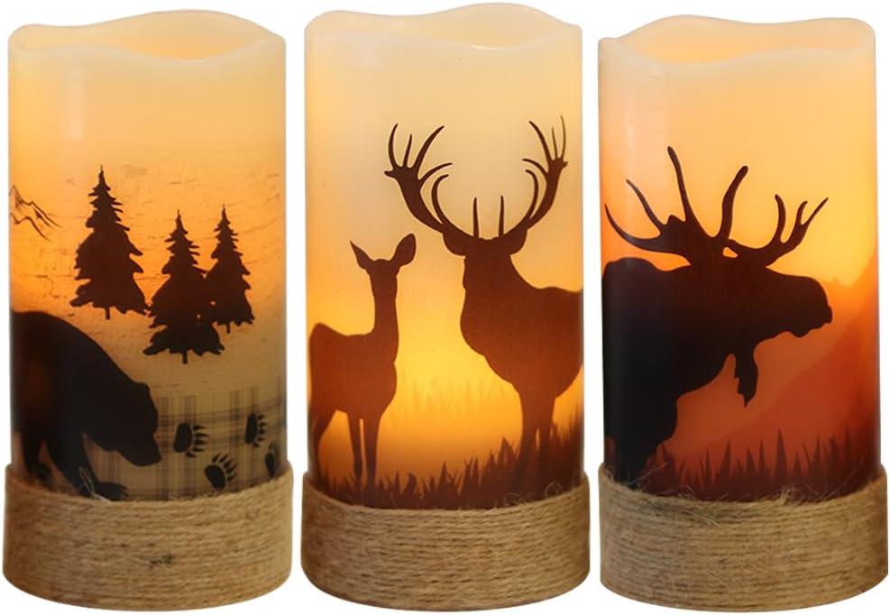 Eldnacele Flameless Flickering Candles Deer, Moose, Bear Decal with Hemp Rope and 6H Timer, Battery Operated LED Pillar Candles Real Wax Home Dcor Christmas and Gift Set of 3 (White)