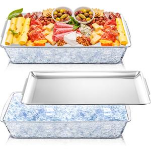 Baderke 2 Set 16" x 9'' Chilled Serving Tray for Parties with Compartments Rectangle Serving Dish Ice Charcuterie Party Platter for Shrimp Fruit Seafood Vegetable Appetizer (Silver)