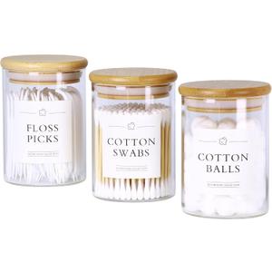 INIUNIK 3 Pack Qtip Holder Dispenser - Glass Apothecary Jars with Lids, Cotton Ball Pad Swab Round Holder, Bamboo Bathroom Accessories, Bathroom Organizers Containers Jars Canisters with Lids