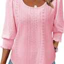Tankaneo Womens 3/4 Length Sleeve Ladies Tops and Blouses Casual Eyelet Top Crewneck Dressy Shirts with Smocked Cuffs 2025 (M)
