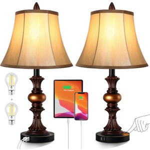 Touch Control Traditional Table Lamp Set of 2, Vintage Bedside Lamps with Dual USB Charging Ports, 3-Way Dimmable Bronze Finish Desk Lamps with Bell Shape Faux Silk Shade for Living Room, Bedroom (Bronze(Warm White Bulbs))