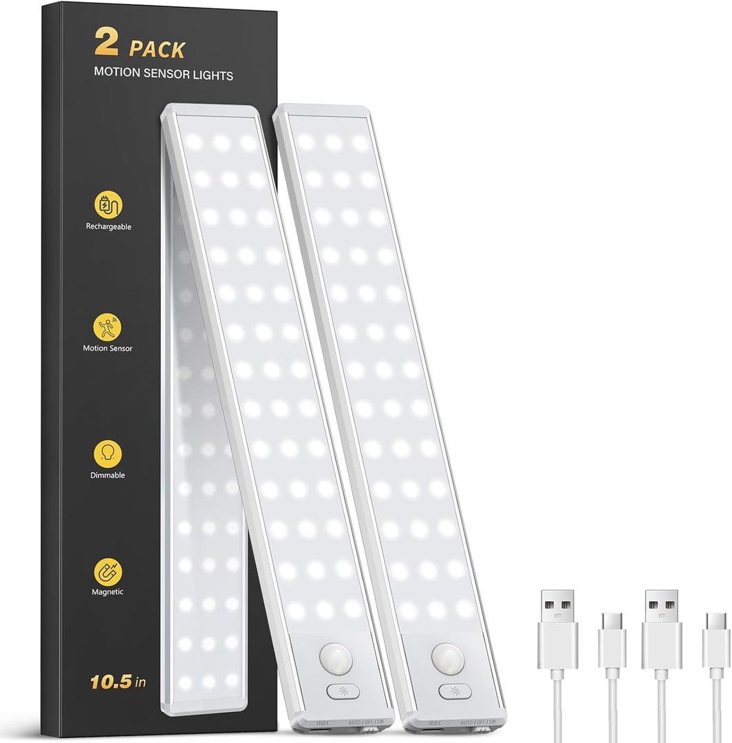 Under Cabinet Lighting - 10.5" Motion Sensor Light Indoor, Magnetic Wireless Closet Lights, Dimmable Led Night Light, Rechargeable Under Counter Lights for Kitchen, Bedroom, Stair, 2 Pack