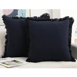 NUYECY Set of 2 Natural Linen Fringed Throw Pillow Covers,Navy Blue Neutral Decorative Pillowcase with Chic Tassel Burlap Boho Large Cushion Covers for Couch Sofa Farmhouse,30x30 inches