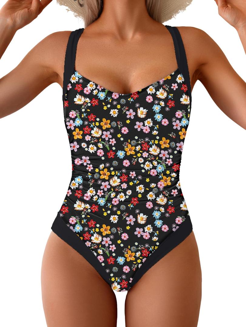B2prity One Piece Swimsuit for Women Tummy Control Slimming Bathing Suit Push Up Ruched Swim Suit Criss Cross Swimwear Hot Pink (Pink, S)