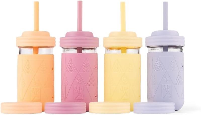 Elk and Friends Kids + Toddler Glass Cups | The Original 12oz Glass Mason Jar with Sleeves + Lids | Silicone Straws + Stopper | Smoothie Cup | Food Storage | Blush/Lilac/Peach/Lemon | 4 Pack, Medium