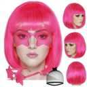 ANOGOL Hair Cap + (Sunglasses) Hot Pink Bob Wig with Bangs Womens Hot Pink Wigs with Star Shape Sunglasses Short Neon Wig Party Outfit Fun wigs for Women Halloween Costume Night Club Bachelorette Hair