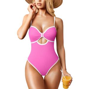 OQQ Womens One Piece Swimsuit Cutout Push Up Tummy Control Bathing Suit with Adjustable Straps (Small, Rose)