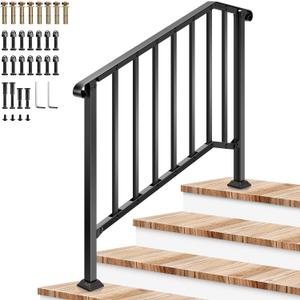 VIVOSUN Outdoor Handrail, 4 Step Stair Handrail, 54" x 36" Fits 1 to 4 Steps, Wrought Mattle Iron Stair Railing with Curved Ends and Balusters for Concrete Steps, Porch Steps, One-Step Assembly, Black