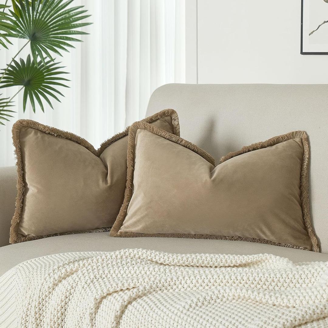 JUSPURBET Stone Decorative Lumbar Velvet Fringe Throw Pillow Covers 12x20 Set of 2 Boho Soft Cushion Case for Home Decor Living Room Couch Sofa Bed