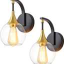 Black and Gold Wall Sconces Set of Two, Modern Wall Sconce Light with Clear Glass Shade,Indoor Wall Light Fixture Wall Lamps for Bedroom, Hallway, Bathroom