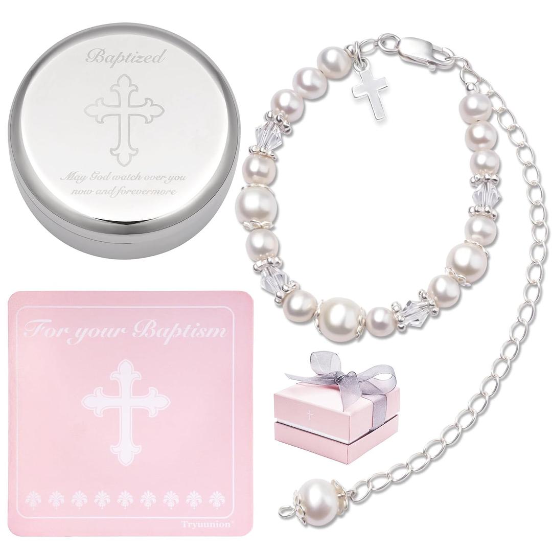 Tryuunion Baptism Bracelet in Sterling Silver and Cultured Pearls for Baby Girls, with Silver-plated Jewelry Keepsake Box, Great Catholic Christening and Baptism Gifts for Girl