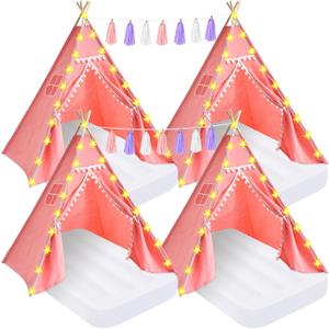 PLULON 4 Pack Teepee Tent for Kids Slumber Party Tents for Girls Sleepover Tents with Inflatable Airbed and Tent Decorations Play Tent for Birthday Party Indoor Outdoor, for Kids (Pink)