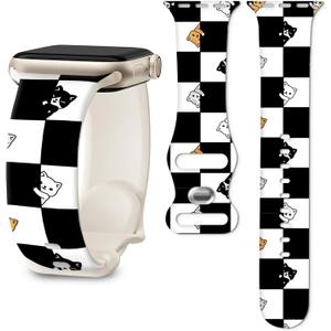 Band Compatible with iWatch Band 38/40/41mm for Women Men Sport Replacement Smartwatch Wrist Strap for iWatch Ultra2/1 SE Series 10 9 8 7 6 5 4 3 2 1 - Black White Checkered Cat