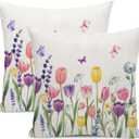 Spring Pillow Covers 22x22, Set of 2 Watercolor Flowers Lavender Butterful Tulip Decorative Throw Pillows Summer Spring Floral Pillowcase Farmhouse Outdoor Cushion Case for Couch Home Decor (22" x 22" (Pack of 2), Tulip 1)