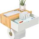 Domax Toilet Paper Holder with Shelf,Wall Mount/Adhesive Bathroom Toilet Paper Holder,Bamboo Wood Tissue Toilet Roll Holder with Storage Drawer for Organizer Wipes,Fits Any Room, Bamboo+White, Large