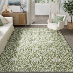 jinchan Boho Area Rug 4x6 Moroccan Washable Rug Indoor Floor Cover Accent Carpet Floral Tile Print Mat Soft Non Slip Carpet for Kitchen Living Room Bedroom Dining Room Farmhouse Decor Green