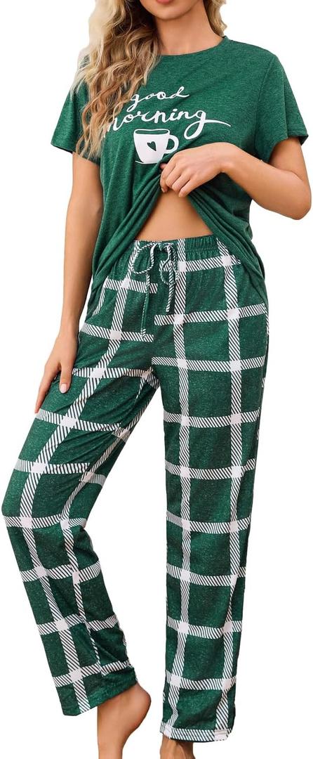difficort Womens Pajama Sets Short Sleeve Pjs Tops with Long Pants Sleepwear Lounge Set with Pocket, Large