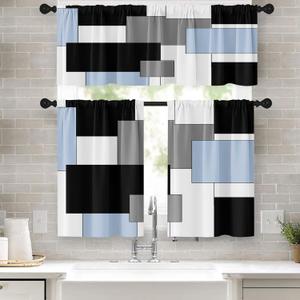 Sky Blue Kitchen Window Curtains Valance and Tier Set 36 Inch, Black Grey White Modern Rod Pocket Short Tier Curtain for Bathroom, Abstract Art Small Cafe Drapes for Decor, Size: 52"W x 36"L