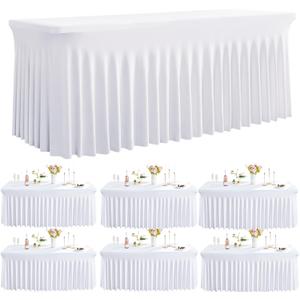 Outpain White Spandex Table Clothes for 8 Foot Rectangle Tables-6Pack 8FT Spandex Fitted Table Cover, Wrinkle Free Tablecloths with Skirt for Parties, Wedding, Birthday, Banquet, Festival