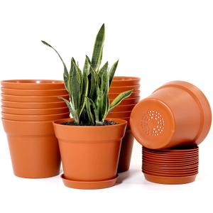 WOUSIWER 16 Pack 6 inch Plastic Planters, Plastic Indoor Planter Flower Pots, Heavy Duty and Stylish 6 Inch Plant Pots for Indoor Plants with Drainage Holes and Tray for Plants, Flowers, Terracotta