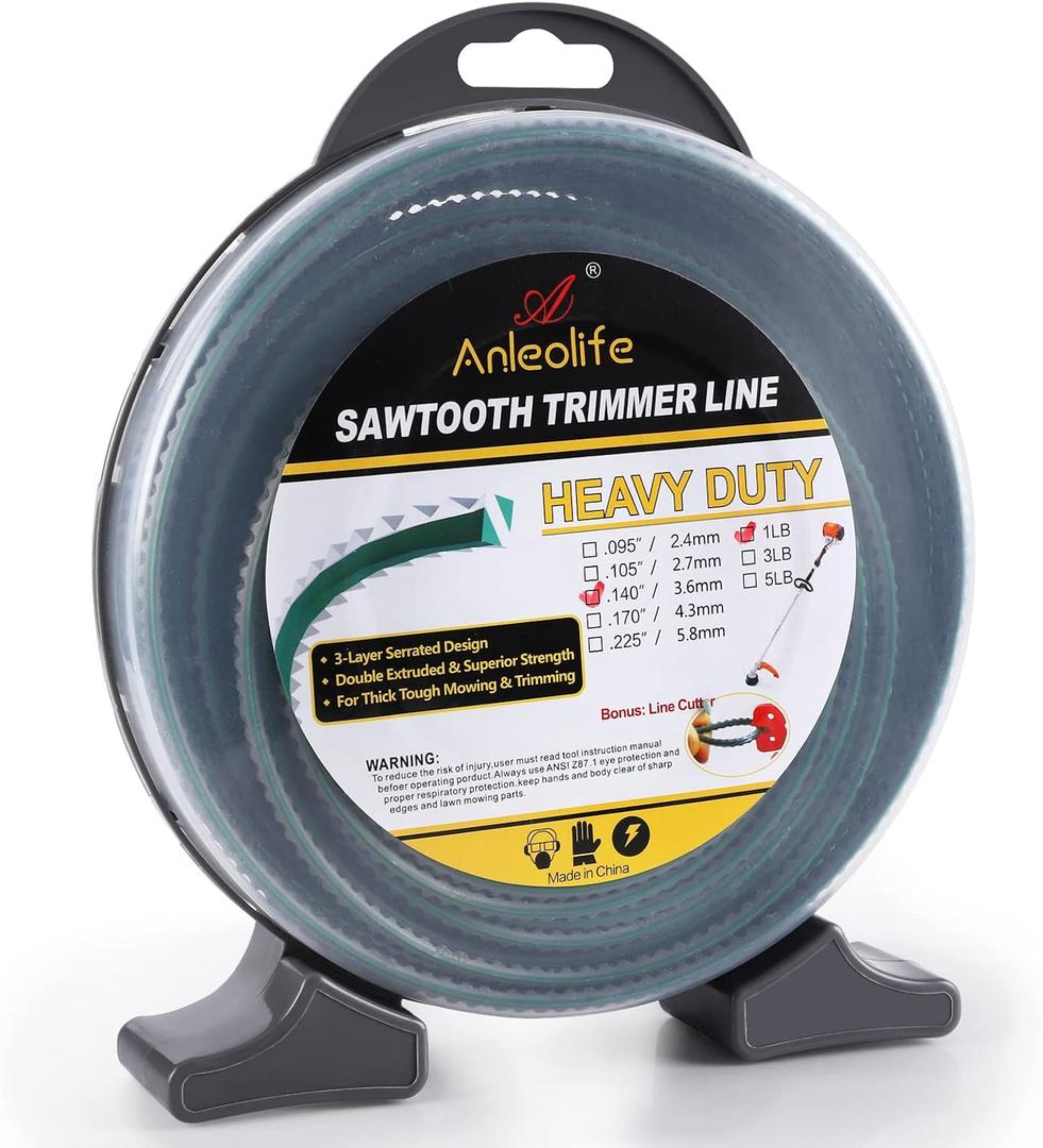 A Anleolife 1-Pound Heavy Duty Sawtooth 140-mil-by-108-ft Dual Core String Serrated Trimmer Line Donut for Walk Behind Wheeled Mowers with Built-in Line Cutter, 1-lb Sawtooth .140
