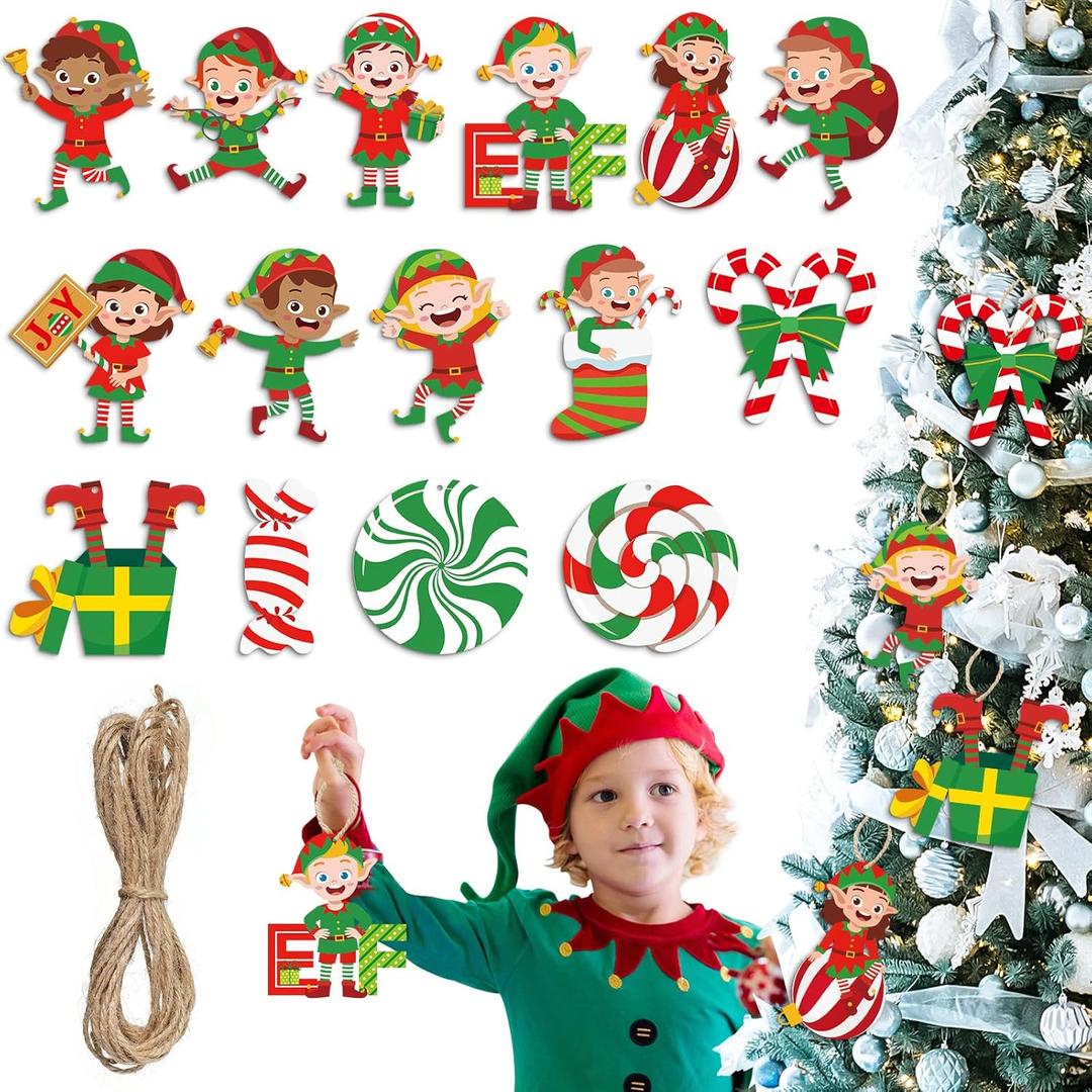 Capoda 30 Pcs Elf Christmas Tree Ornaments Decoration Wooden Hanging Ornaments Xmas Elves Hanging Sign Boy and Girl with Candy Canes Ornament Xmas Elf Decoration for Christmas Tree Decor