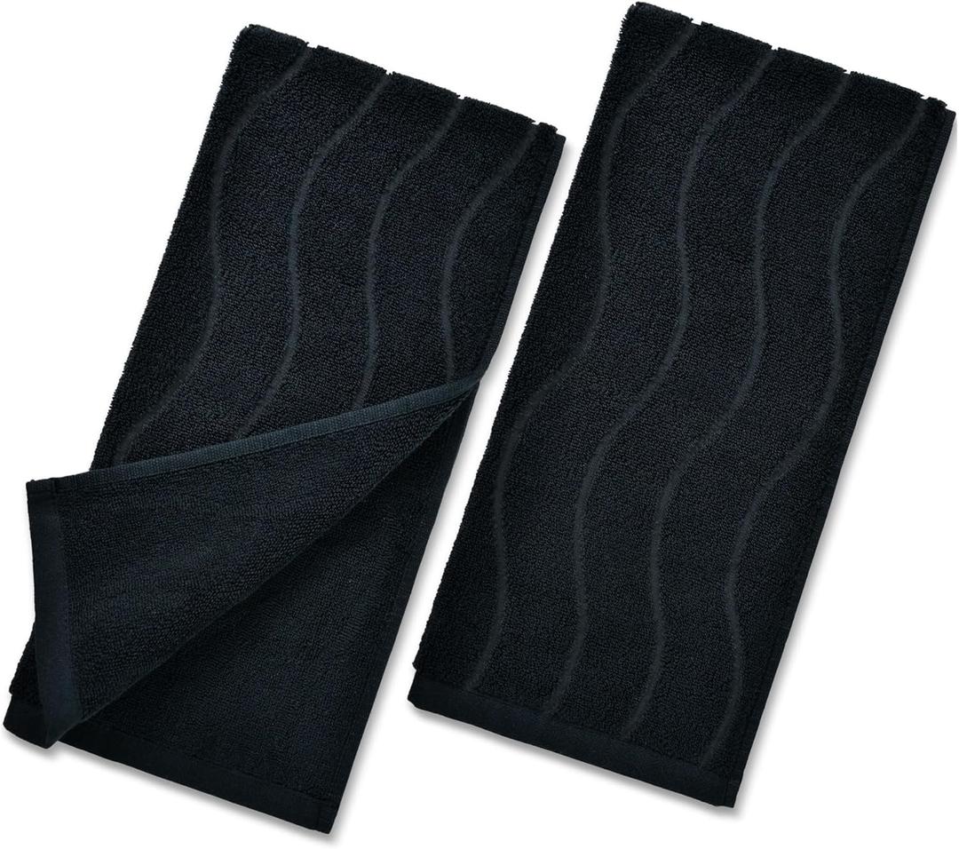 Hand Towels with Wavy Jacquard - Black Face Towels for Bathroom, 2 Piece, Cotton, 13x29 Inches