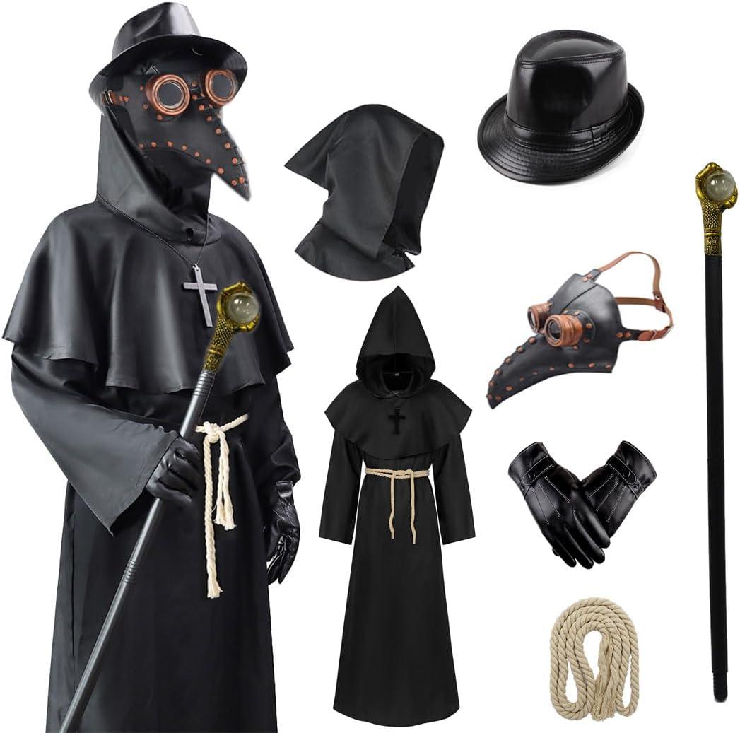 Plague Bird Doctor Mask Steampunk Costume Halloween Hooded Cloak Hat Gloves Black Robe Horror Scary Adult Teens Party Props (Large)